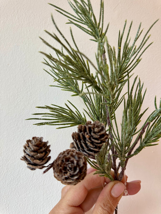 Csillogós fenyőág tobozkákkal