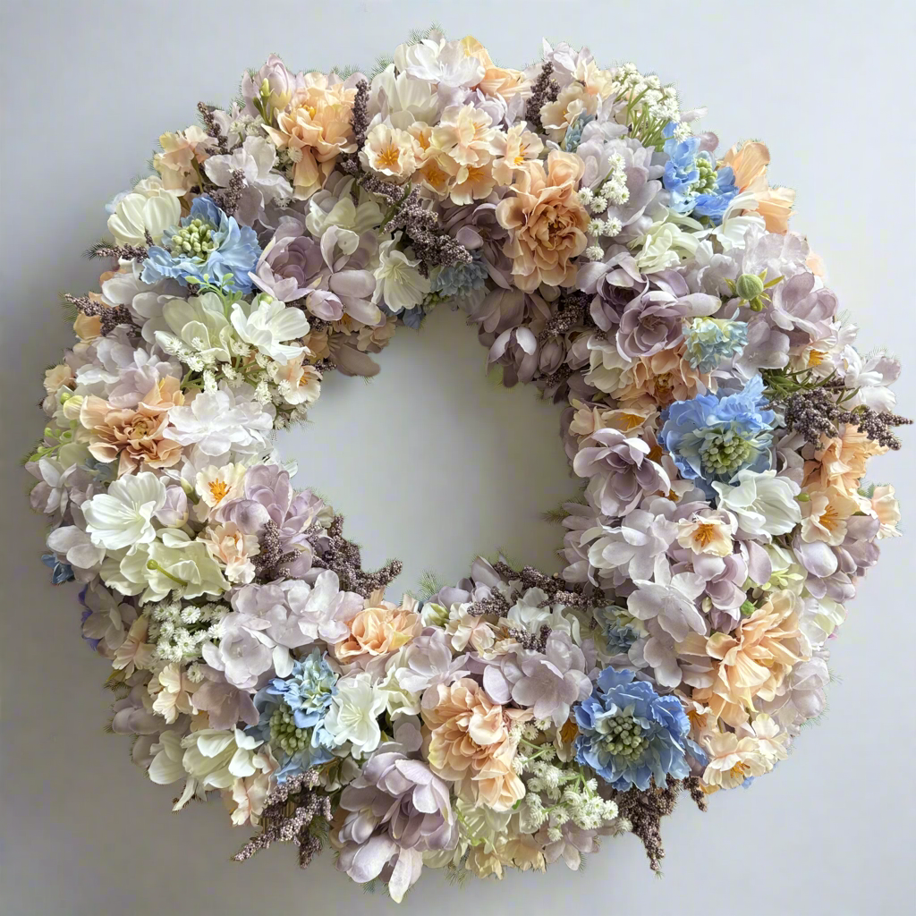 Spring door decoration with pastel flowers