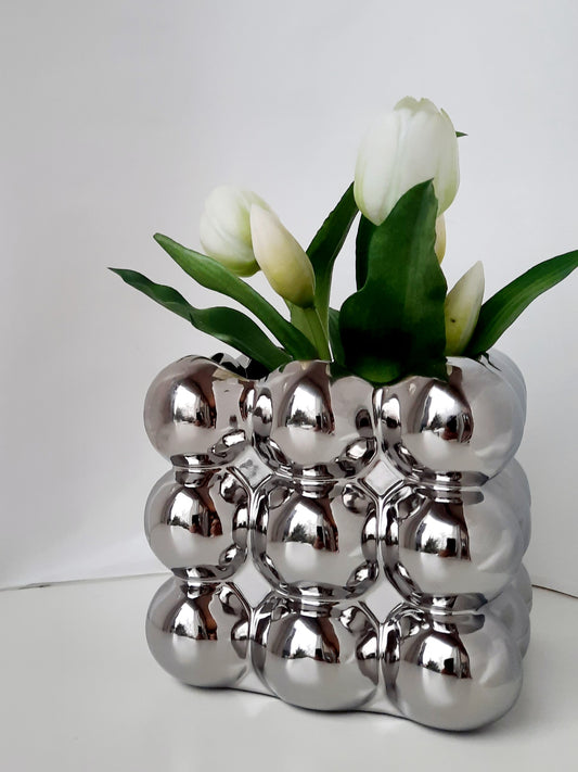 Bubbles kerámia kaspó/váza 13x13 cm - ezüst